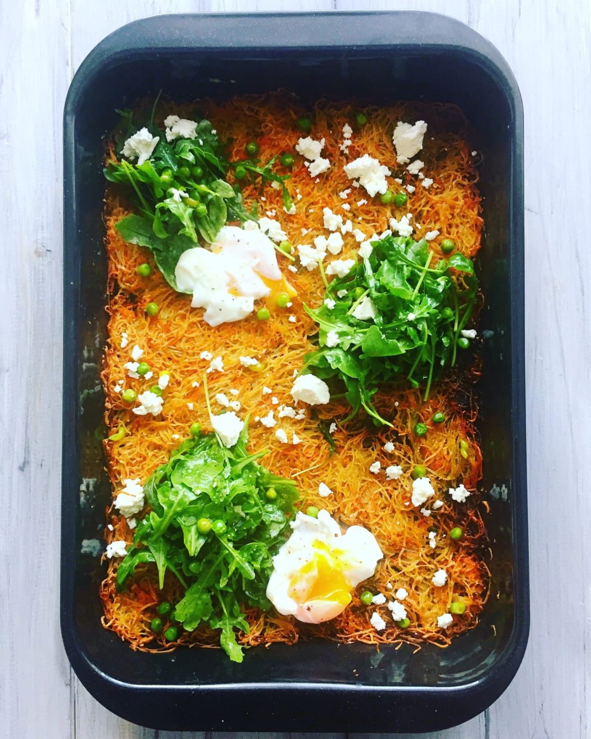 KARTOFFEL-KAROTTEN-RÖSTI MIT POCHIERTEN EIERN, RUCOLA UND ERBSEN ...